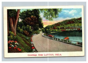 Vintage 1933 Postcard Greetings From Lawton Oklahoma - Flower Lined Road - Nice