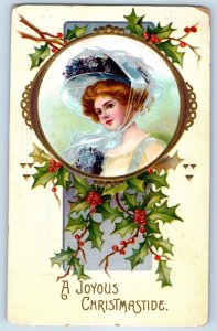 c1910's Christmas Pretty Woman Holly Berries Embossed Antique Posted Postcard