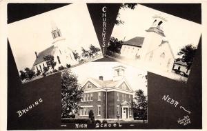 C88/ Bruning Nebraska Ne Real Photo RPPC Postcard 1944 3View School Church