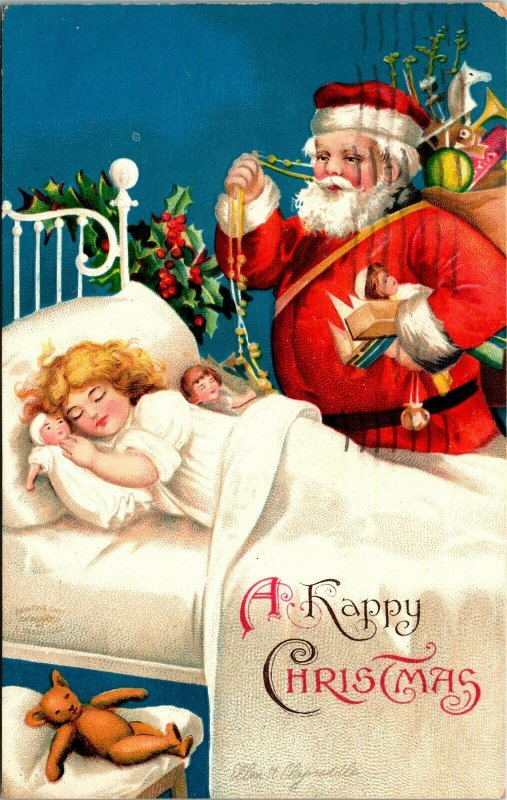 Postcard Clapsaddle Happy Christmas Santa Bringing Gifts Girl Sleeping 1910 A14