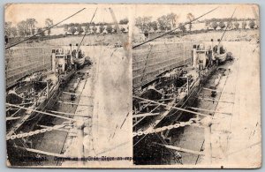 Dragan River Romania 1915 Stereoscope Postcard Great Dam Under Repair