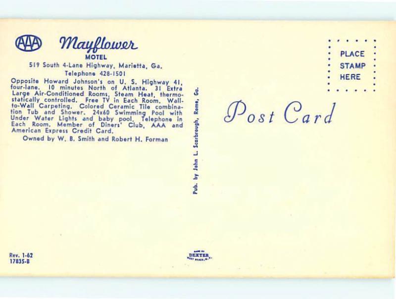 Vintage Post Card Mayflower Motel 519 South Hwy Marietta  GA # 3944