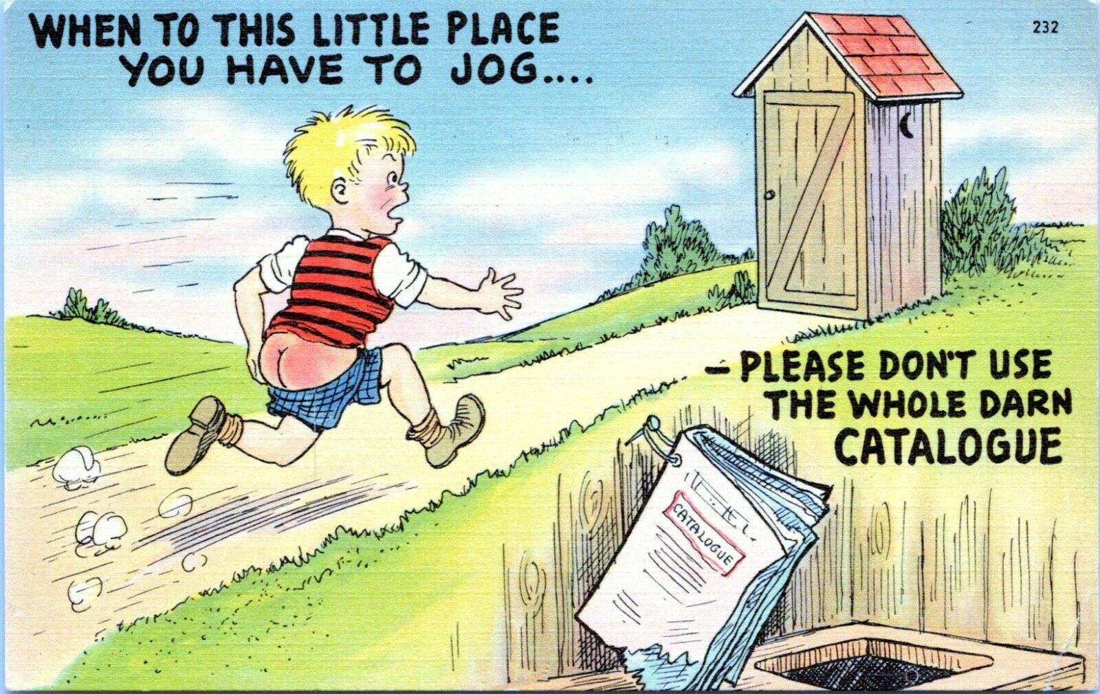Vintage Comic Postcard 1941 Linen Little Boy Bare Butt Outhouse MO