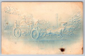 Going To The Fire, Horses, Engine, Antique Bas Relief Airbrushed Postcard