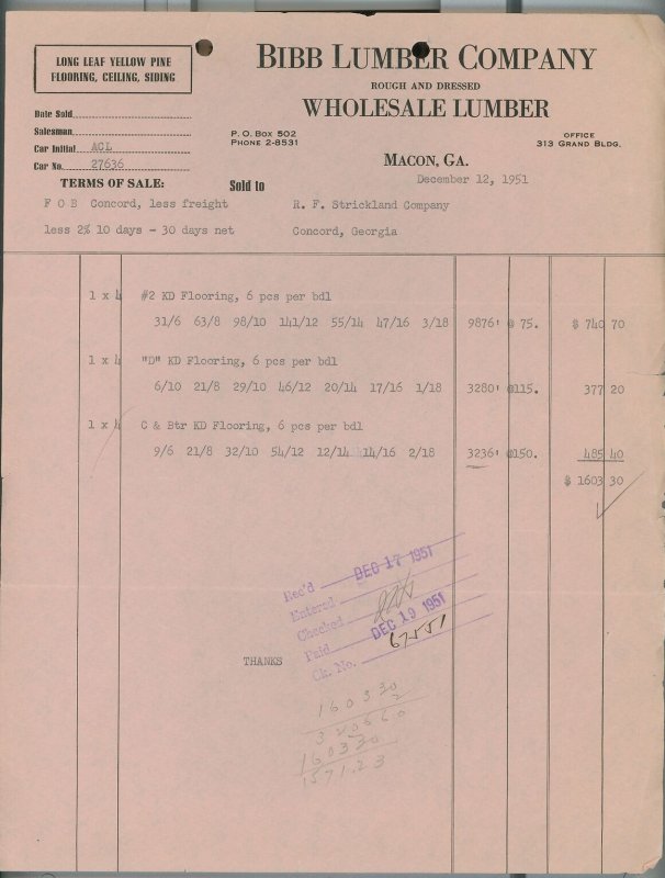 1951 Bibb Lumber Company Macon GA Rough and Dressed Wholesale Lumber Invoice 313 