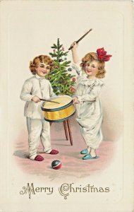 Stecher Embossed Christmas Postcard 45-C Children in White PJ's Beat the Drum