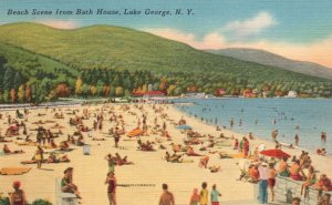 Vintage Postcard Crowd Bathing Beach Scene From Bath House Lake George New York