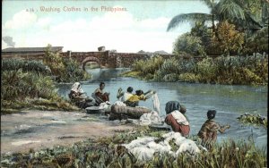 Philippines Native Indigenous Women Washing Clothes in River c1910 Postcard