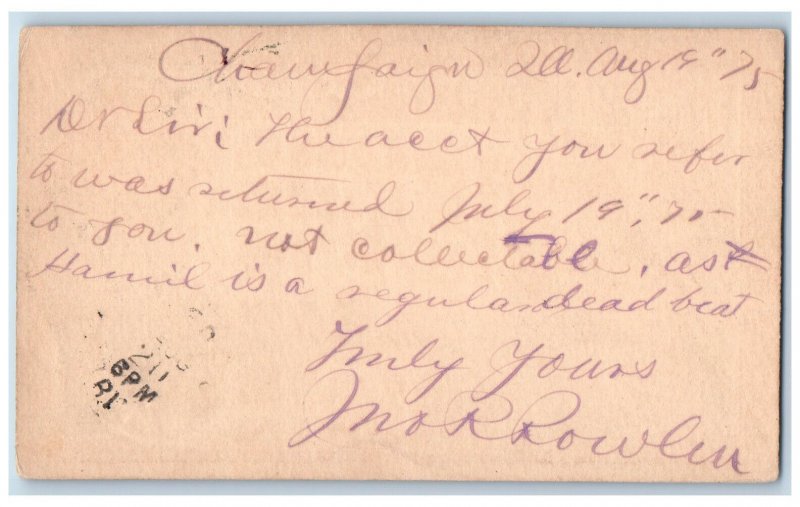 1875 Account Returned Champaign Illinois IL Toledo OH Antique Postal Card