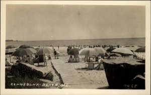 KENNEBUNK BEACH ME Umbrellas & Bathers on Beach Old Real Photo Postcard