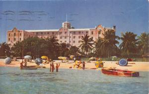 NASSAU BAHAMAS FORT MONTAGUE BEACH~WOOD BOAT POSTCARD c1957