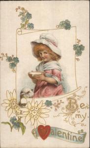 Valentine Little Girl in Bonnet Feeding Lamb c1910 Card - Non-Postcard Back