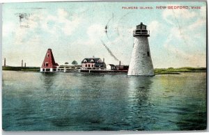 View of Palmers Island Lighthouse New Bedford MA c1908 Vintage Postcard E64