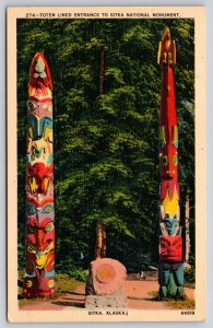 Sitka Alaska~View @ Totem Lined Entrance To Natl Monument~Vintage Linen Postcard