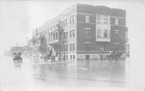 RPPC FLOOD DISASTER BUILDING & CARS REAL PHOTO POSTCARD (c. 1910)