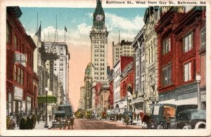 Baltimore Street view Baltimore, Maryland Postcard horse wagon antique cars