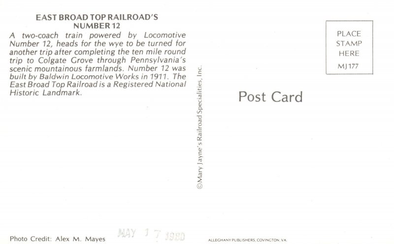 Vintage Postcard East Broad Railroad's Number 12 Two-Coach Train Locomotive Penn