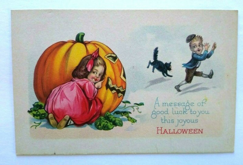 Halloween Postcard Children Playing Black Cat Stecher 1290 D Unused Vintage