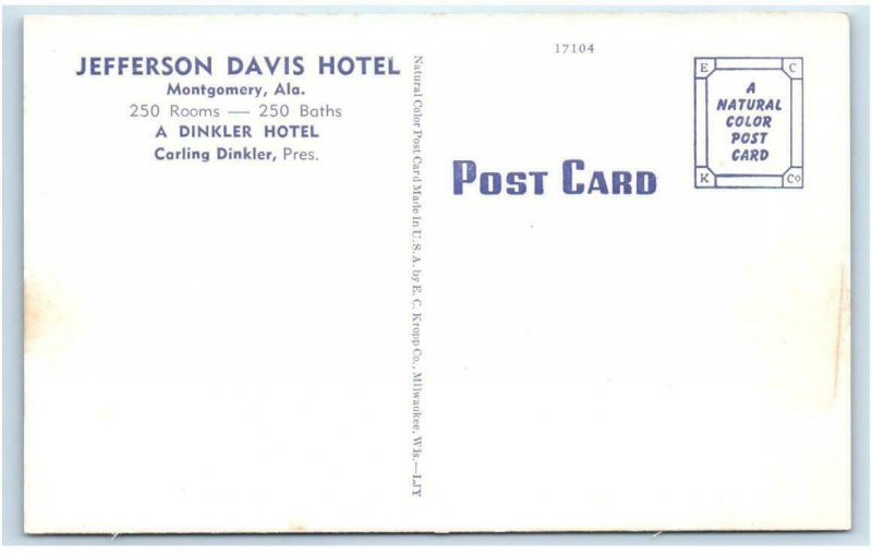MONTGOMERY, AL Alabama ~Roadside JEFFERSON DAVIS HOTEL Cool c1940s Cars Postcard