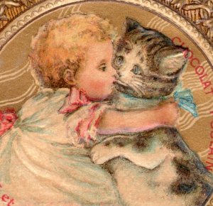 1870s-80s Die-Cut Chocolate Poulain French Cute Baby Kissing Cat F142