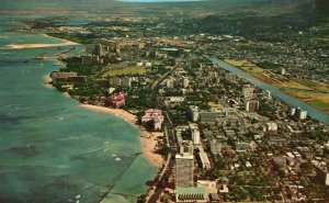 Vintage Postcard Dramatic Helicopter View Waikiki Past The City Honolulu Hawaii