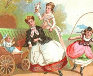 1880s-90s Victorian Card Au Square Montholon Lady Children Doll Jump Rope P224