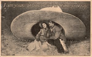 Vintage Postcard 1915 I Am Yours at Any Place or Time You Say! Lovers in Big Hat