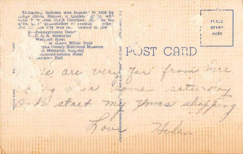 Richmond Indiana Large Letter Linen Antique Postcard K77129