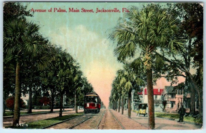 JACKSONVILLE, Florida FL   MAIN STREET Scene~Avenue of Palms & Trolley Postcard