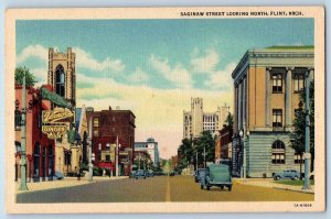 c1940's Saginaw Street Looking North Buildings Cars Flint Michigan MI Postcard