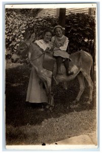 c1910's Mother And Daughter Ride Donkey Posted Antique RPPC Photo Postcard 