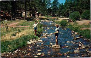 Girls Playing in Ruidoso River, Ruidoso New Mexico Vintage Postcard M03