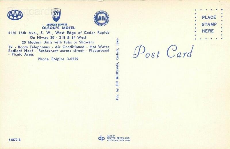 IA, Cedar Rapids, Iowa, Oolson's Motel, Dexter Press No. 61872-B