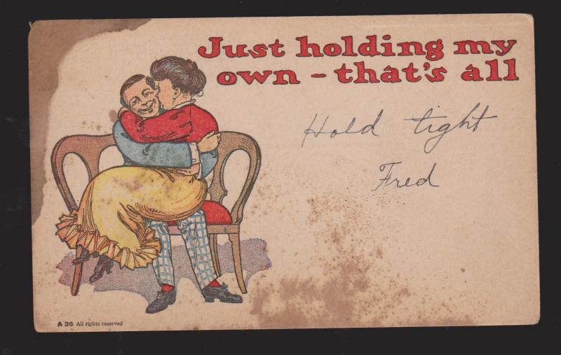 Comic Postcard - Woman & Man Just Holding My Own - Unused - Large Stain