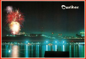 CONTINENTAL SIZE POSTCARD ST LAURENCE REFELCTIONS AND FIREWORKS AT QUEBEC CANADA