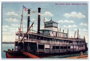 Davenport Iowa IA Postcard Helen Blair Steamer Ship Exterior View 1911 Vintage