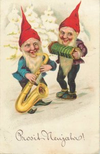 Musical dwarfs early New Year greetings postcard 