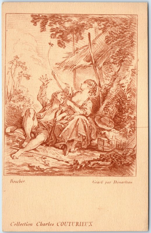 c1750 France Boucher Pastoral Sketch Couple Hut Forest Demarteau Etching A360