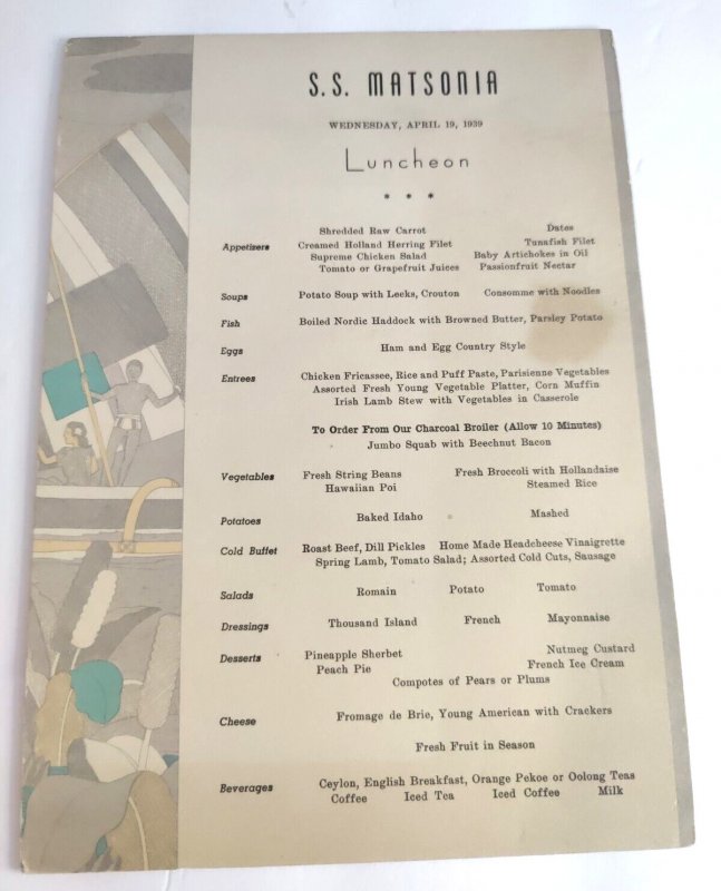 SS Matsonia Vintage Matson Lines Luncheon Menu April 19, 1939
