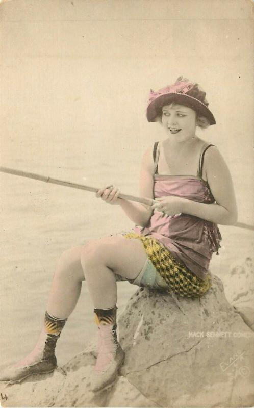 Hand-Colored RPPC Mack Sennett Bathing Beauty Phyllis Haver Fishing Pinup,  Evans