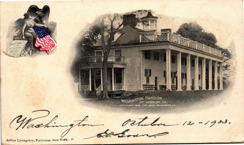 1903 Washington Mansion Postcard Red 2 Cent Stamp Mt Vernon VA 