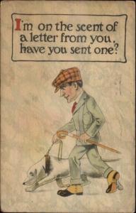 Guy in Newsboy Hat Walking Dog Looking For a Letter c1915 Postcard