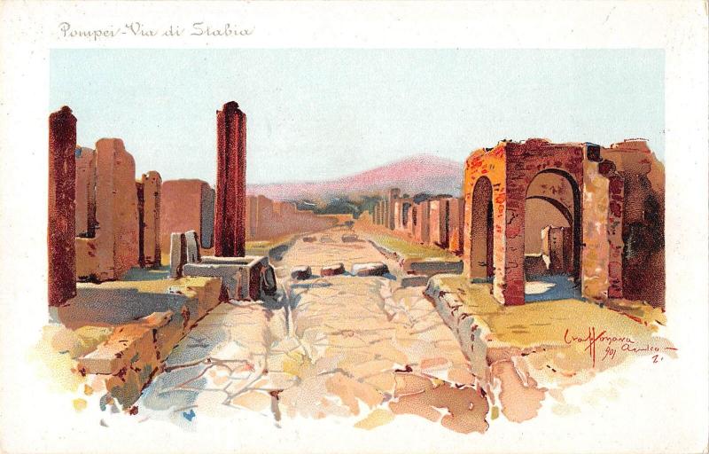 US2569 Italy Pompei Via di Stabia Partial view  litho pompei artist signed