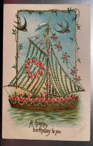 Vintage Victorian Postcard 1910 A Happy Birthday to You - Sailboat