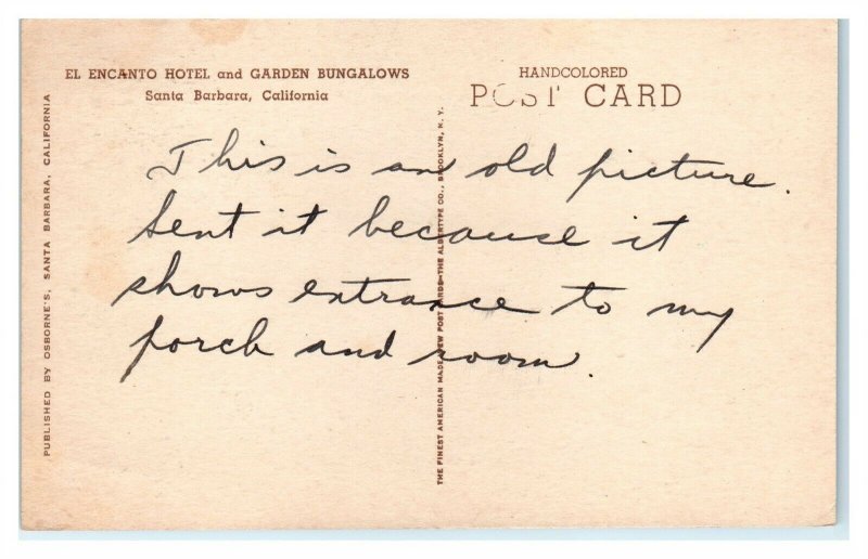 El Encanto Hotel and Garden Bungalows, Santa Barbara, CA Hand-Colored Postcard
