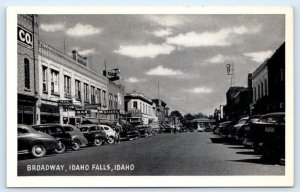 IDAHO FALLS, ID Idaho ~ BROADWAY STREET Scene c1930s, 40s Cars Postcard