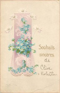 Embossed floral fantasy seasonal greetings postcard good thoughts Clive Violette
