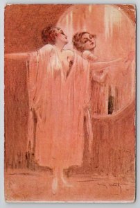 Louis Icart Women In Front Of Mirror L'Eternel Feminin A/S Postcard S26