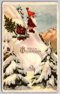 Christmas Fantasy~Gnome w/Cane On Mountainside Enjoys View~Tree & Knapsack~1915