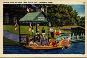 Vtg Springfield MA Paddle Boats on Porter Lake Forest Park 1930s Linen Postcard